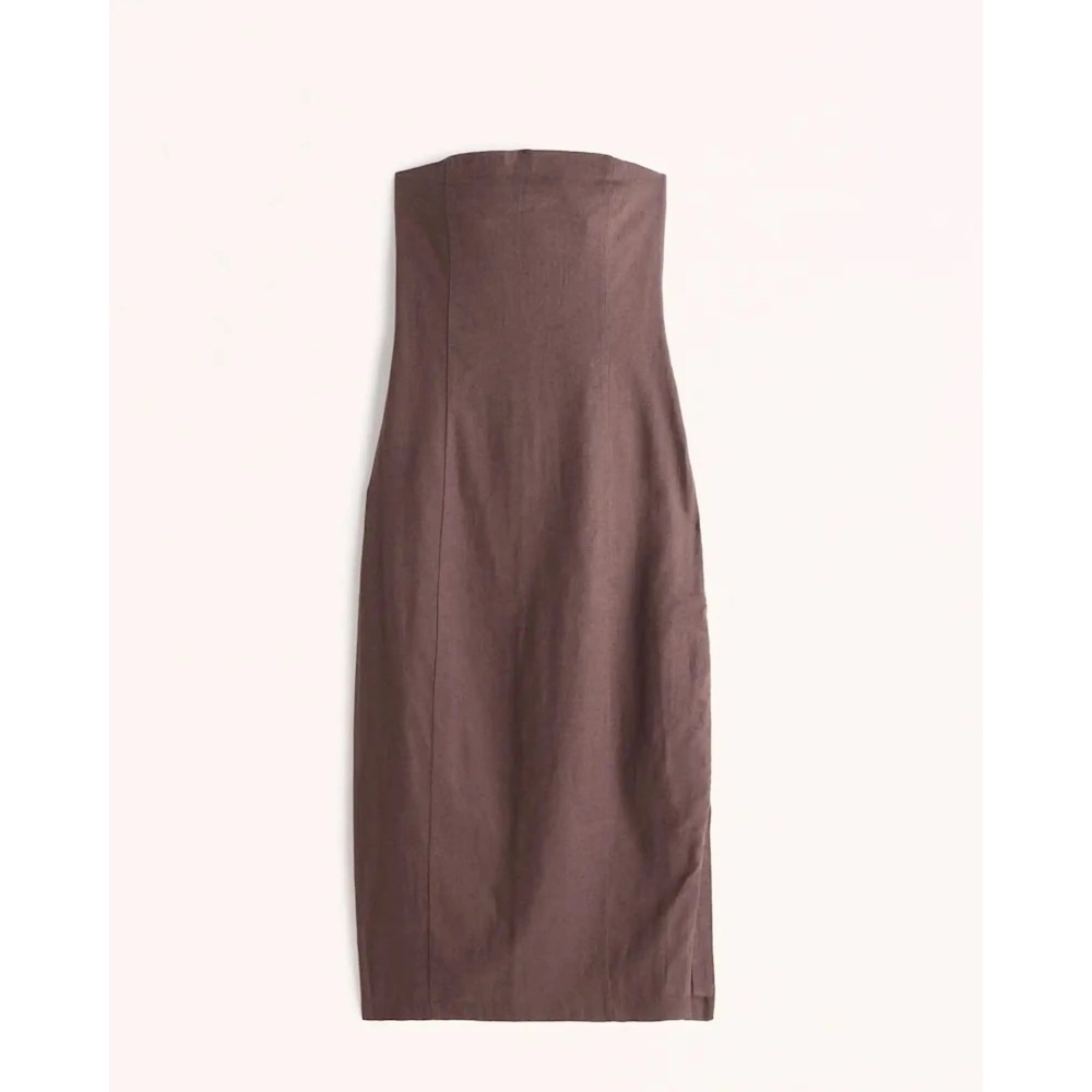 Abercrombie & Fitch Women Linen Dress XL Brown‎ Strapless Midi Slit Western Boho - Picture 2 of 10